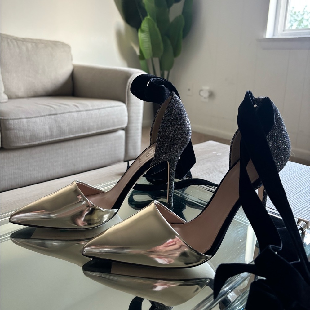 J. Crew Metallic Pointed-Toe Ankle Tie Heels in Silver and Black